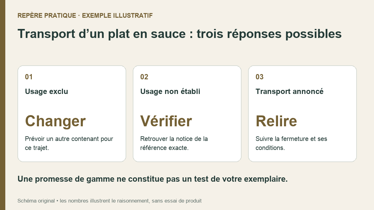 Un plat en sauce à emporter : distinguer couvercle de rangement et fermeture de transport Arbre de décision original en trois branches : choisir un autre récipient si l’usage est exclu, chercher la notice s’il est inconnu, relire les conditions si le transport est annoncé.